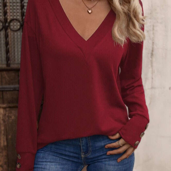 Womens Autumn/Winter New Solid Color V-neck Loose Long sleeved T-shirt Button Up