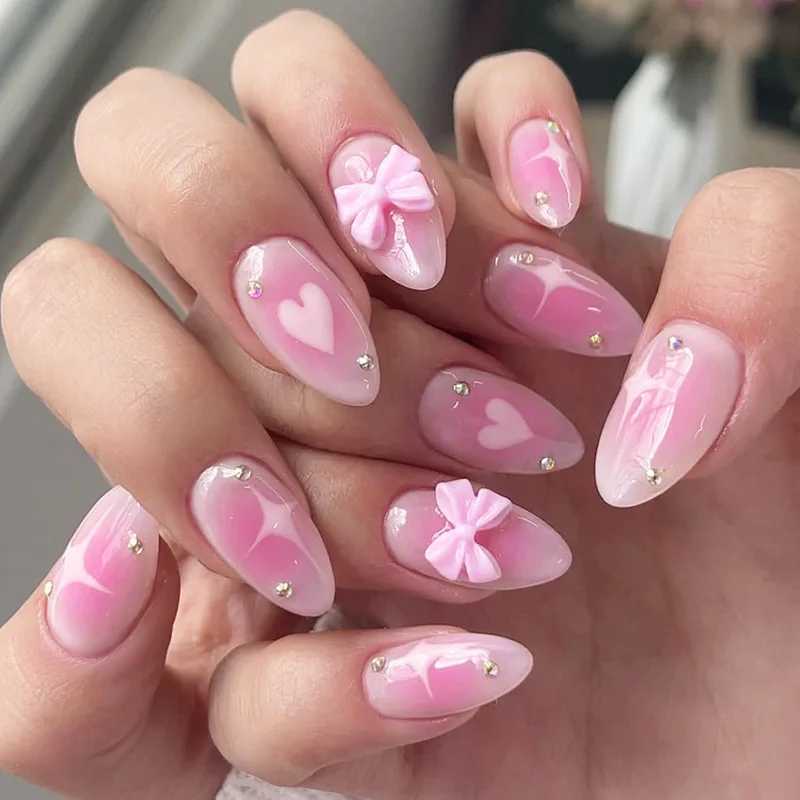 24pcs powder blusher false nails Almond 3D bow decoration press nails full set of sweet gloss false nails tips W240905