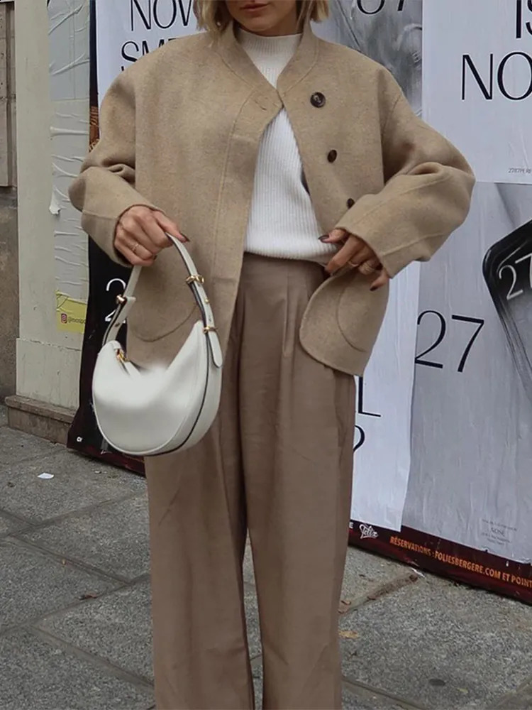 Casual Stand Up Collar Single Breasted Womens Woolen Coat Solid Color Pocket Long Sleeved Jacket High Street Ladies Coats 240904