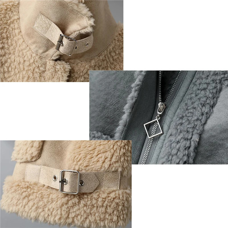 Autumn Winter Cashmere Jacket Womens Fashion Splicing Coat Top Bomber Wool Suede 240905
