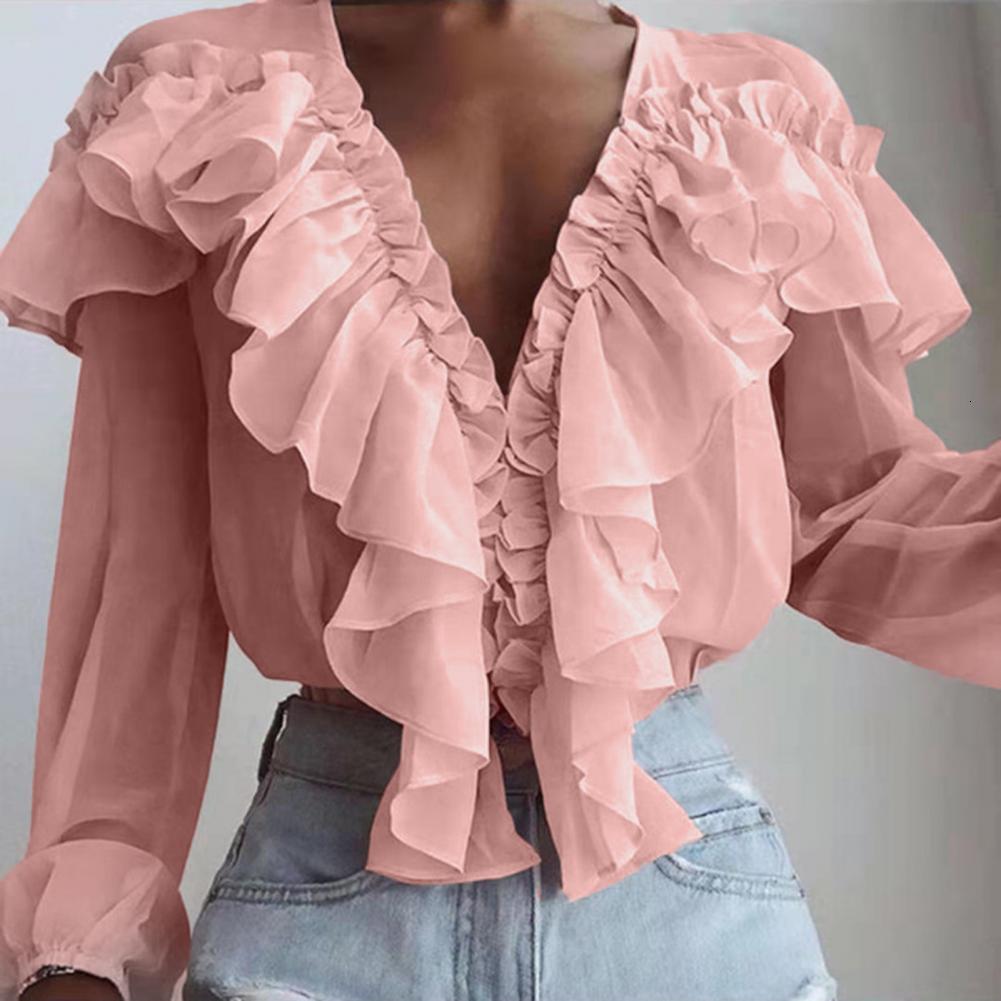 Solid Color V-neck Long Sleeve Loose Top Chiffon Shirt Ruffle Collar Sweet Pullover Blouse Streetwear Women Clothes