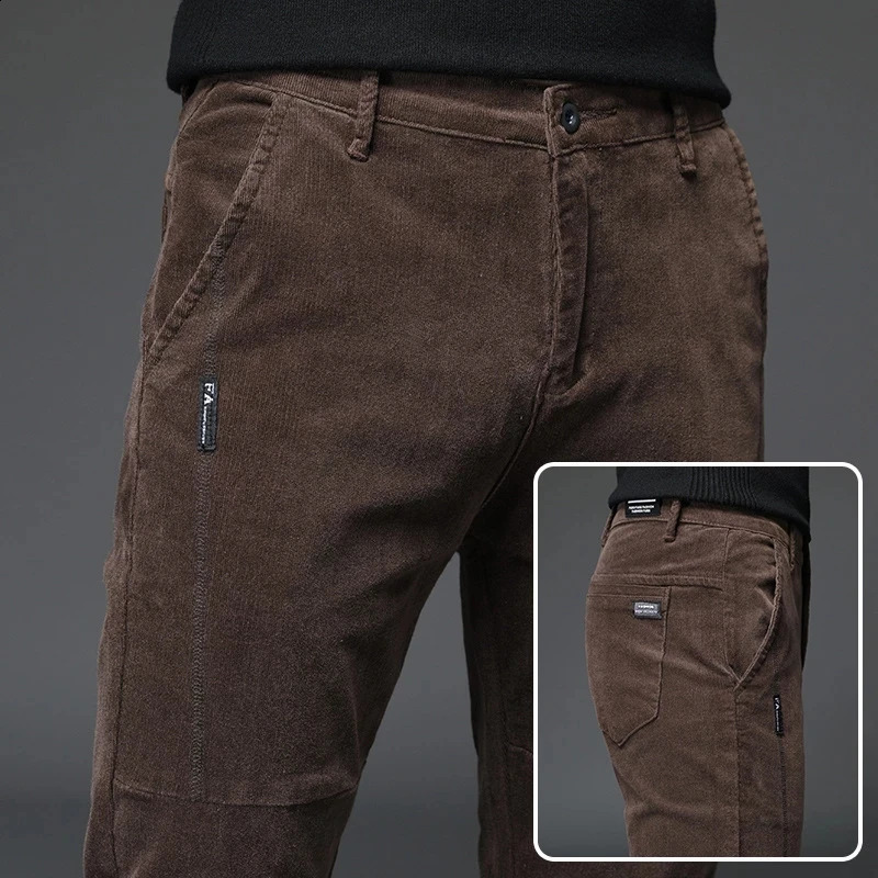 Autumn and winter straight slim fit elastic mens Corduroy pants solid loose casual thick Trouser size 2838 240905