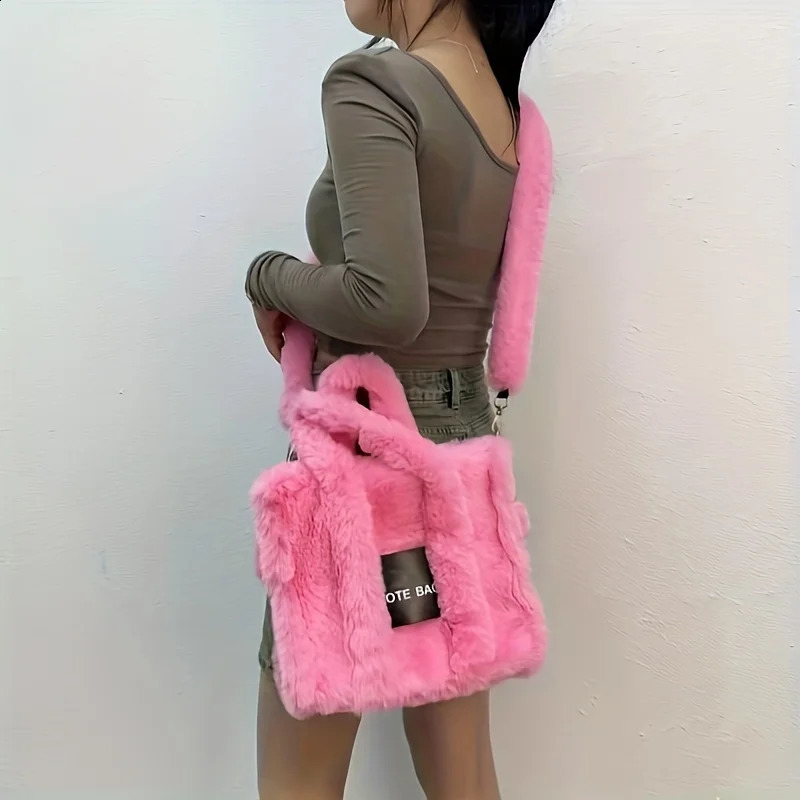 fashion soft plush small tote bag letters faux fur women handbags fluffy shoulder crossbody bags 241210
