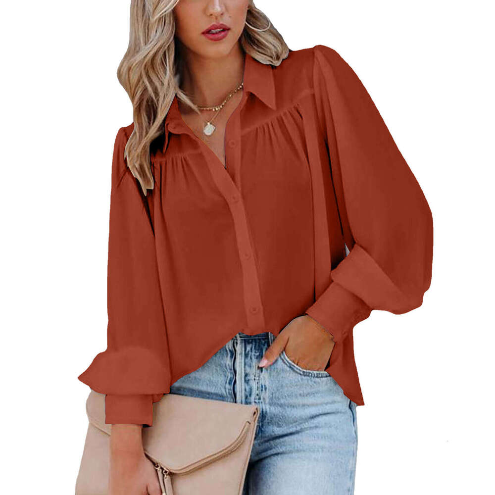 2024 buckle up top, lantern sleeve pleated solid standing collar, loose fitting shirt, long sleeved women's clothing