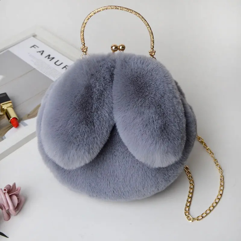 Artificial fur rabbit ear plush Kawaii round bag shoulder cross body womens chain messenger fashionable solid handbag 240906