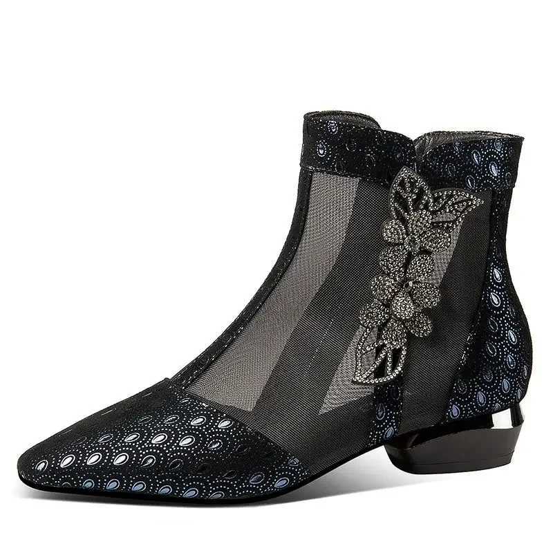 FHANCHU Womens Sandals Mid Heel Summer Mesh Shoes Soft Ankle Botas Rhinestone Corntoe Side Zipper Black Blue Down Jacket CL240906