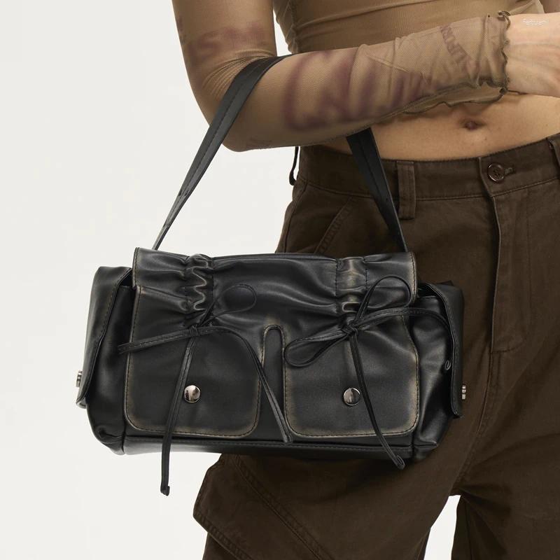 Drawstring Moto&biker Bags For Women Handbags Nad Purses 2024 In Distressed Pu Leatther Rivet Bow Underarm Shoulder Bag 4b4e