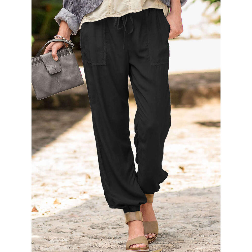 Women's summer new lace up solid color elastic ankle pocket casual pants