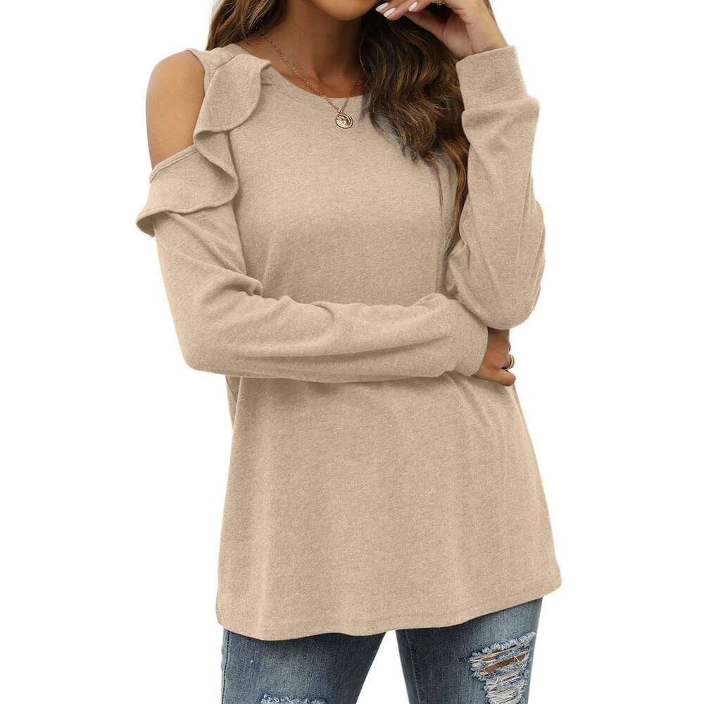 2024 Autumn/Winter New Knitwear Round Neck Off Shoulder Ruffled Loose Casual Top for Women