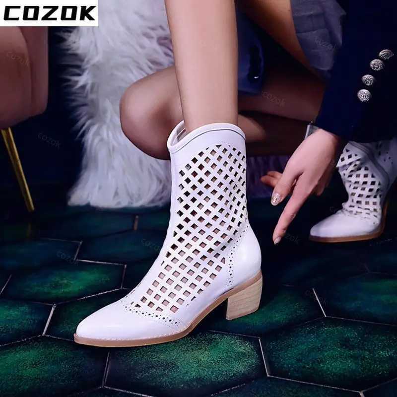 White mesh boots hollow short boots womens summer mid heel 2022 new cool boots breathable boots Pointed Toe Western cowboy boots CL240906
