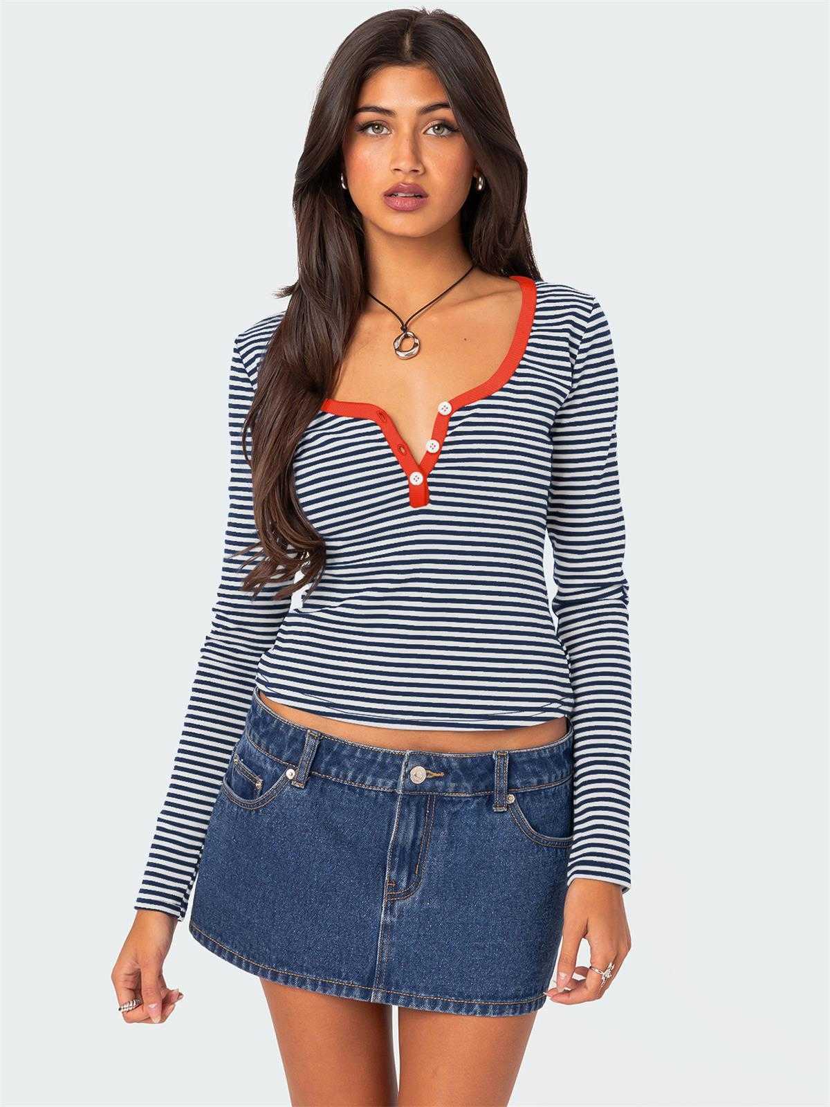Womens T-Shirt New Contrasting Color Striped Sweater Y2K Clothes Womens Summer Top Button Slim Shoulder T-shirt Pure Cotton T240906