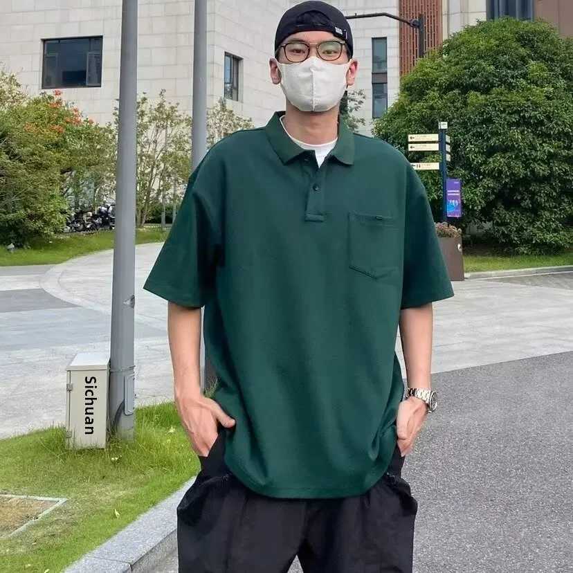 High-end Feel Blackish Green Polo Shirt Mens Loose Fit 300g Weighted Air Layer Underneath Long Sleeves Casual Summer T-shirtXJ240906
