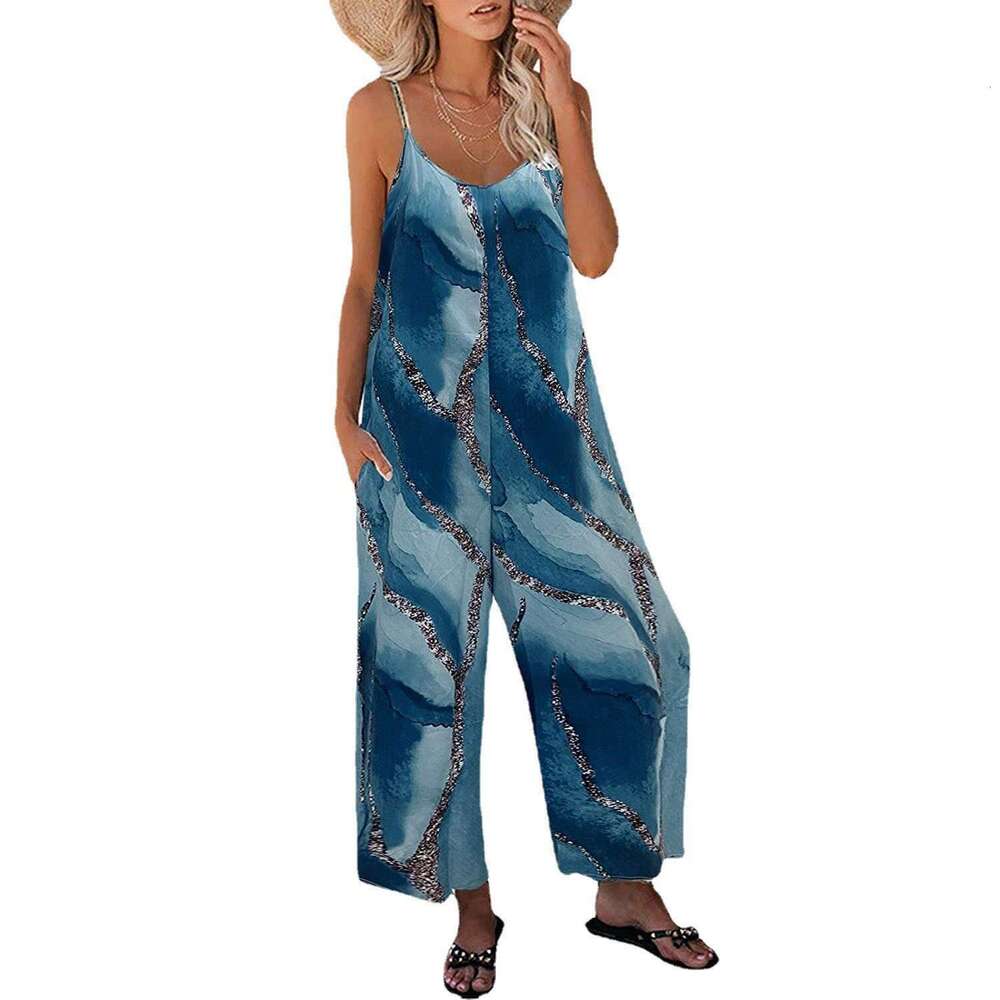 2023 Summer New Strap Women's Printed Pocket Casual Jumpsuit