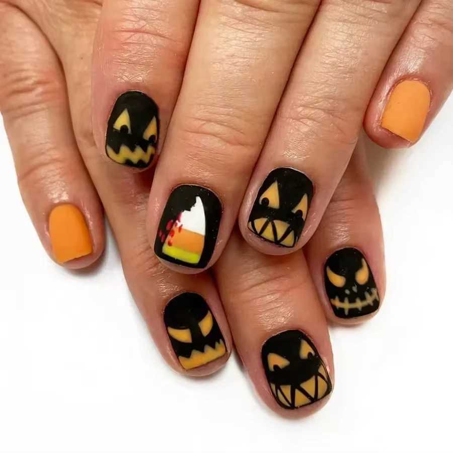 24 pieces/set Black Halloween Pressing Nail Pumpkin Ghost Cat Design Short Square Fake Nail Full Cover Acrylic Nail Tip W240905