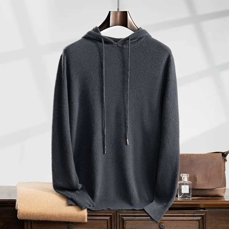 100% Cashmere Sweater Mens Hooded Knitted Pullover Autumn Winter New Style Long Sleeved Sweater Casual Sports Hoodie Menswear Y240906