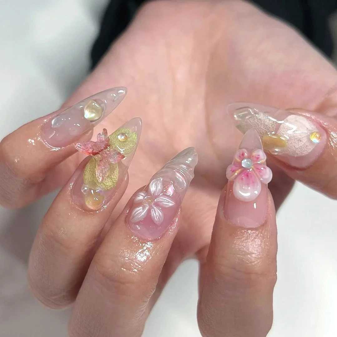 10 handmade oval shaped fake nails with cute flowers limited nail pressing on nails designed with adhesive nail file set W240905