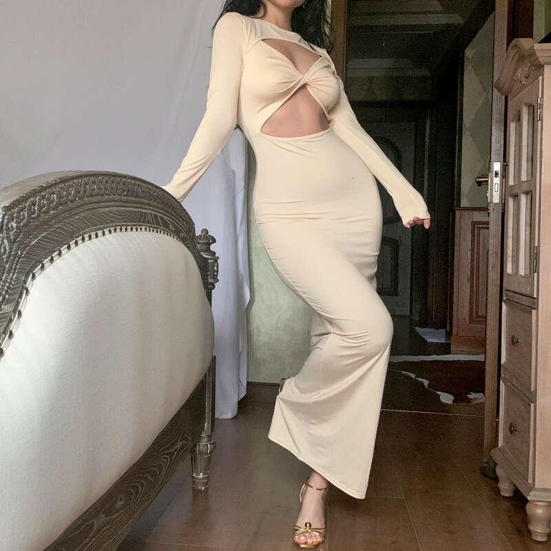2023 style new autumn solid color hollow sexy slim fit long sleeved dress for women
