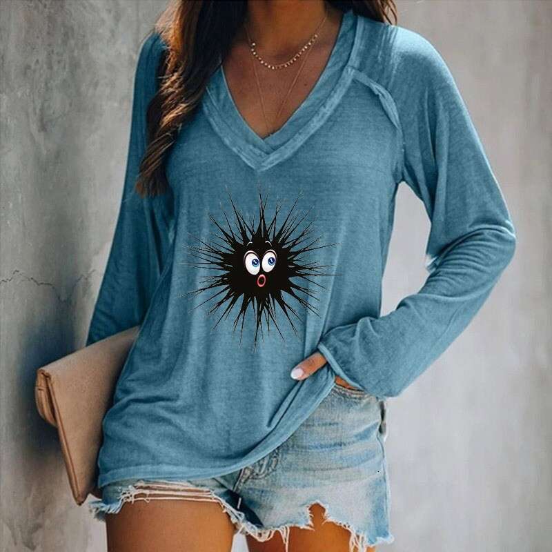 Womens printed abstract painting V-neck 3D womens long sleeved casual T-shirt top