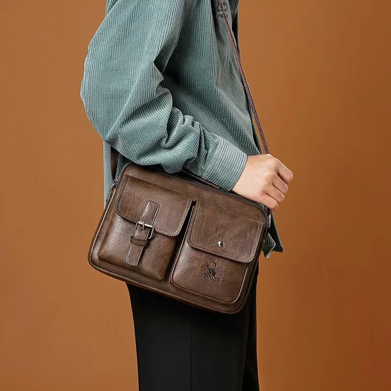 TopFight Mens Messenger Bag PU Leather Business Single Shoulder Portable briefcase Youth Fashion Leisure 240906