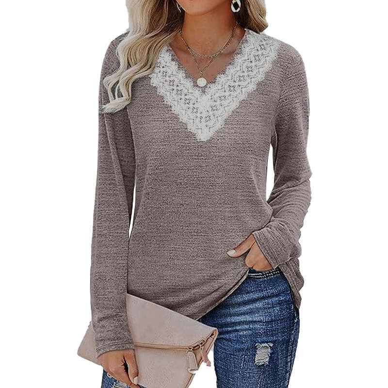 2024 Autumn/Winter New Solid V-Neck Loose Relaxed Long Sleeve T-shirt Top Womens Wear