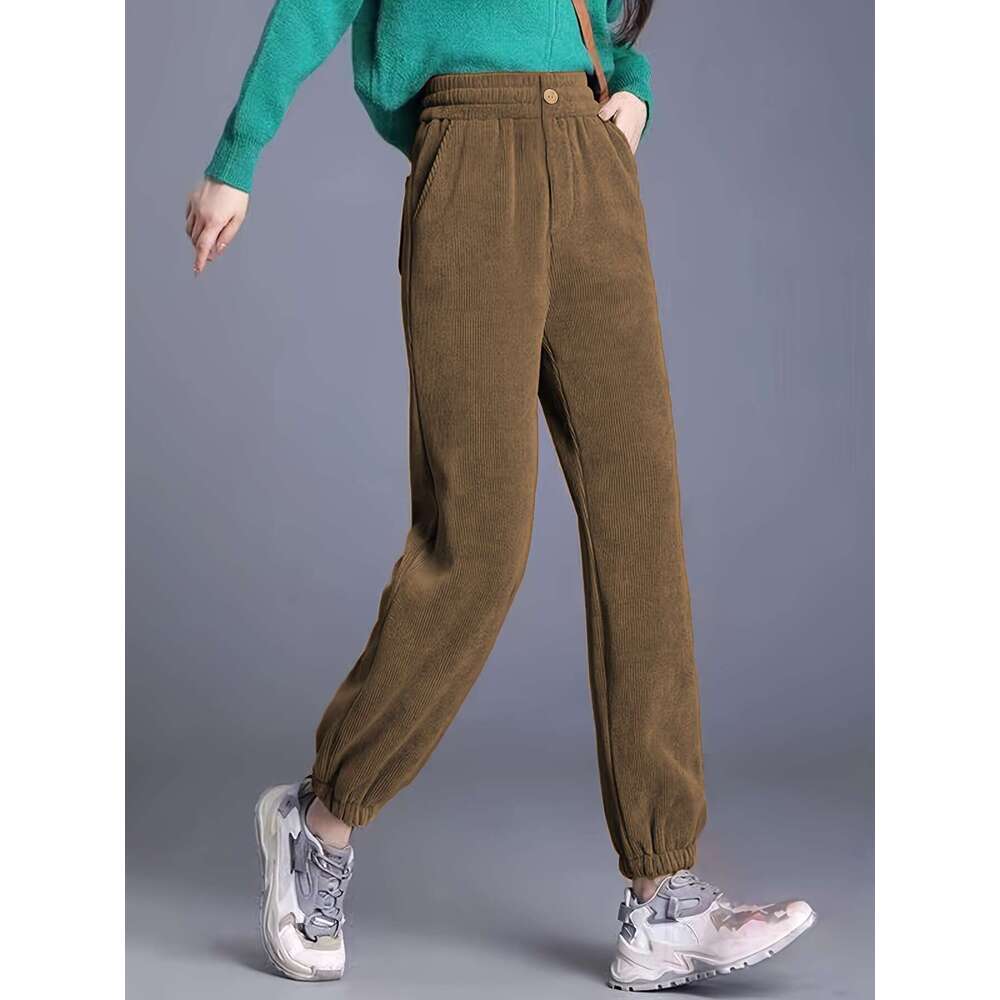 2024 Spring and Autumn New Women's High Waist Casual Solid Color Corduroy Loose Leg Tights Pants