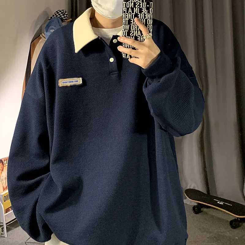 Trendy Inswalf Checks Polo Shirt Collar Two-piece Illusion Long Sleeve Base Layer Top Mens Loose Fit Spring Autumn SweatshirtXJ240906