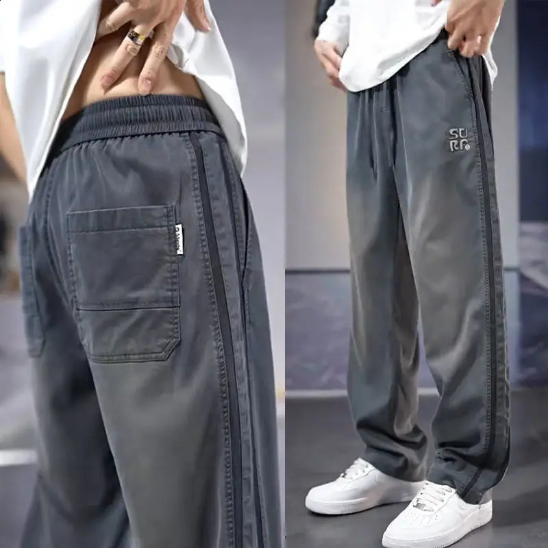 American retro high street straight jeans mens elastic waist drawstring splicing work stripe pocket fashionable casual wide leg pants 240905