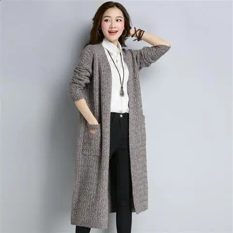 Autumn and winter loose medium length knitted jacket fashionable solid color long sleeved sweater cardigan 240905