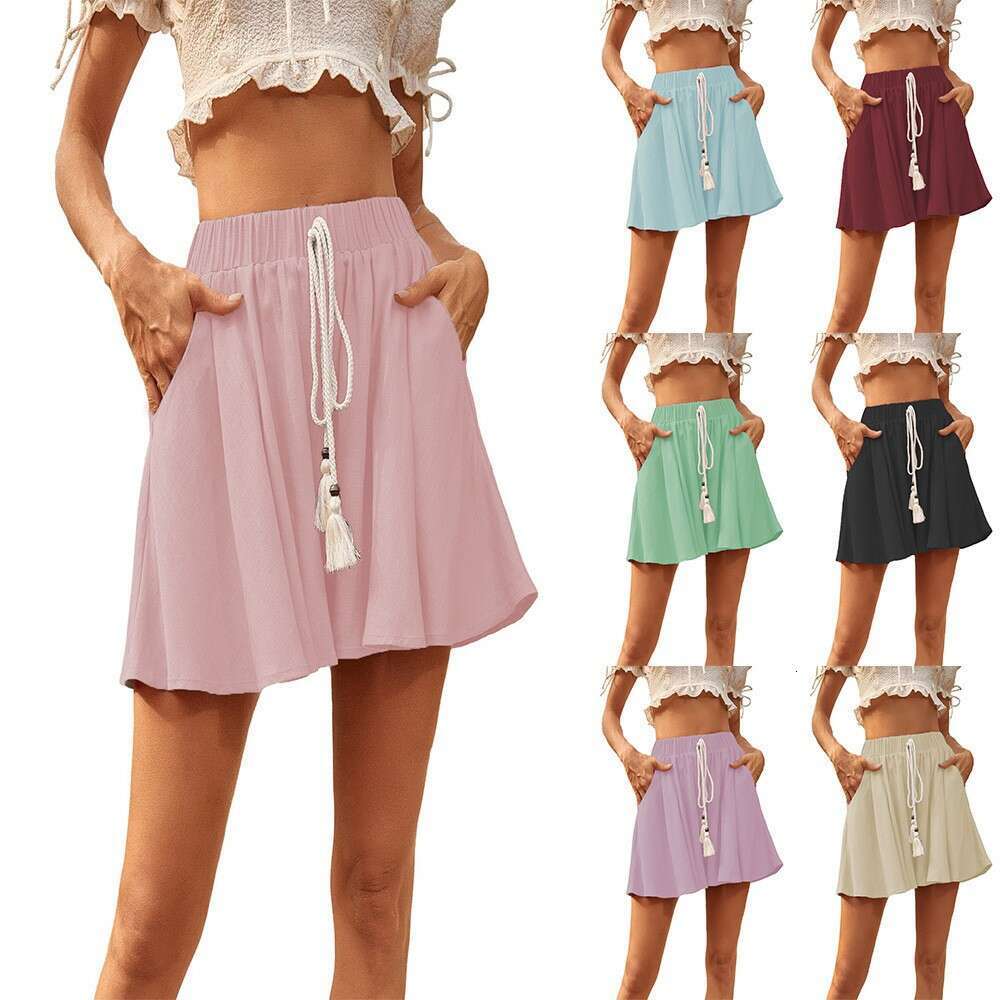 Summer new women's drawstring solid color comfortable cotton and en shorts
