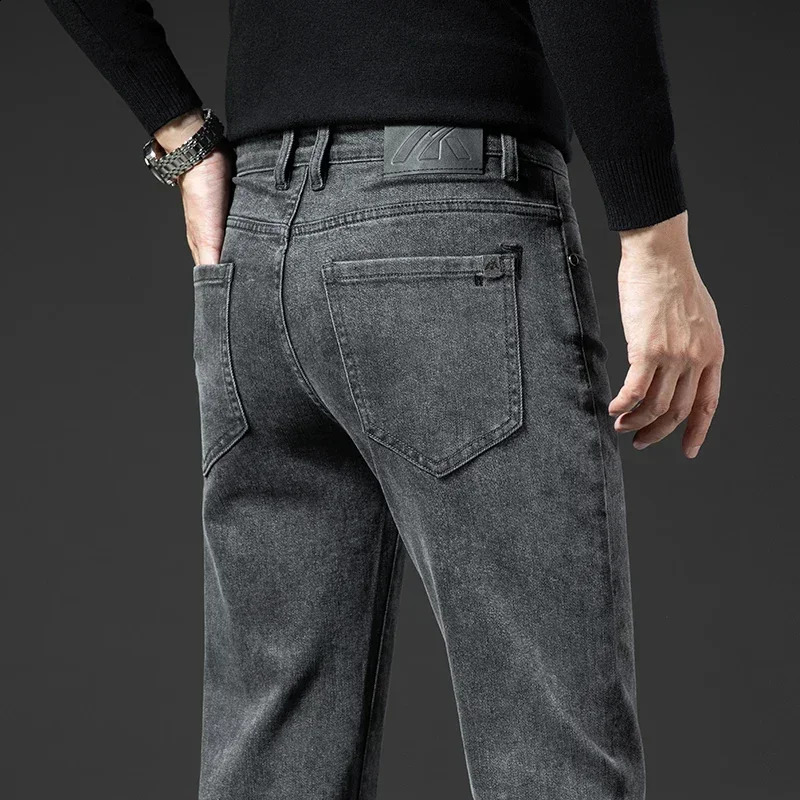 Fashionable grey mens jeans for spring and autumn casual elastic slim pants comfortable cotton denim men Trouser 240905