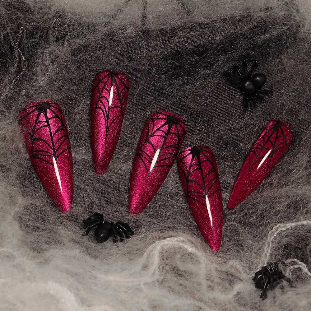 24 Halloween fake nails sparkling red fake nails spider web design long almond pressed on wearable nails fully covered nail tips W240905