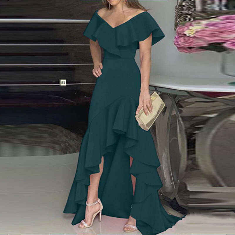 2023 temperament V-neck ruffled irregular elegant dress