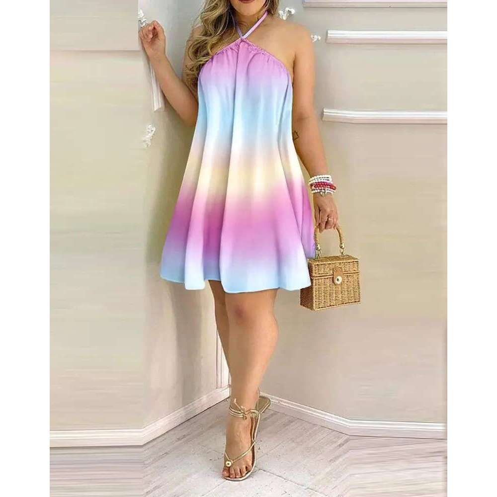 Summer Printed Off Shoulder Hanging Neck Strap Loose Women's Dress