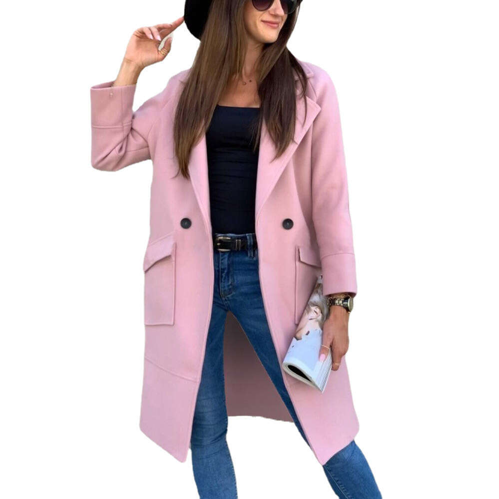 2024 new autumn and winter solid color long sleeved suit collar button pocket woolen coat