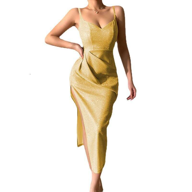 2023 Spring New Sparkling Pink Sexy Deep V Strap Split Style Long Dress Women