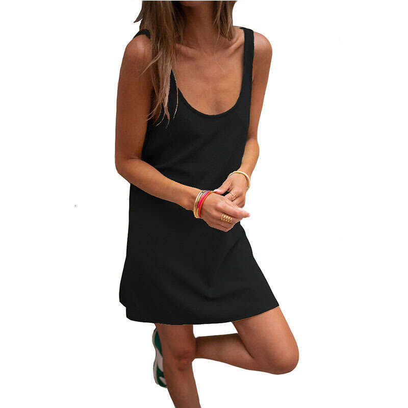 2023 New Solid Waffle Sleeveless Loose Strap Casual Tank Top Dress