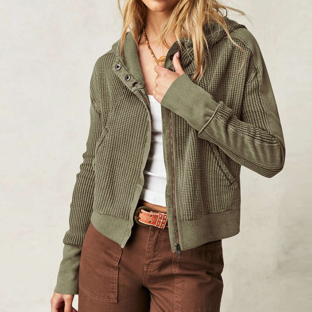 Jacket patchwork Women's hooded sweater Lazy style zippered hoodie Short knit