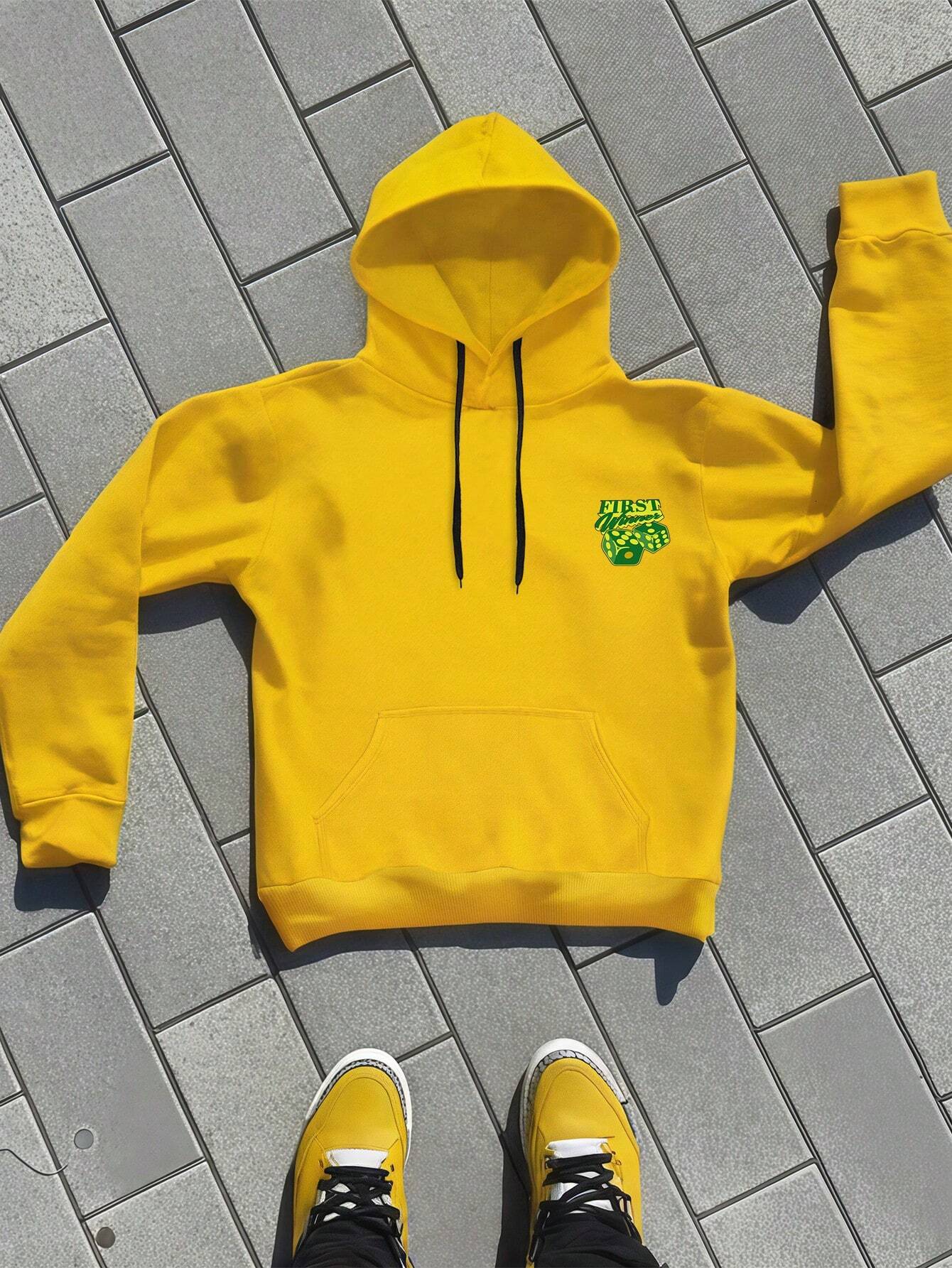 Free shipping Men's Collegiate Style Graphic Print Hoodie Sweatshirt Trendy Casual Hoodie Green Print With Yellow Hood , Street Wear