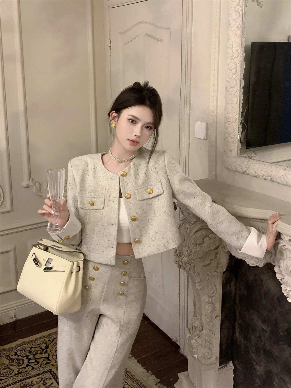 2-piece set 2-piece set checkered jacket and pants womens autumn clothing set high waisted malt top elegant Korean fashion set y2k 240903