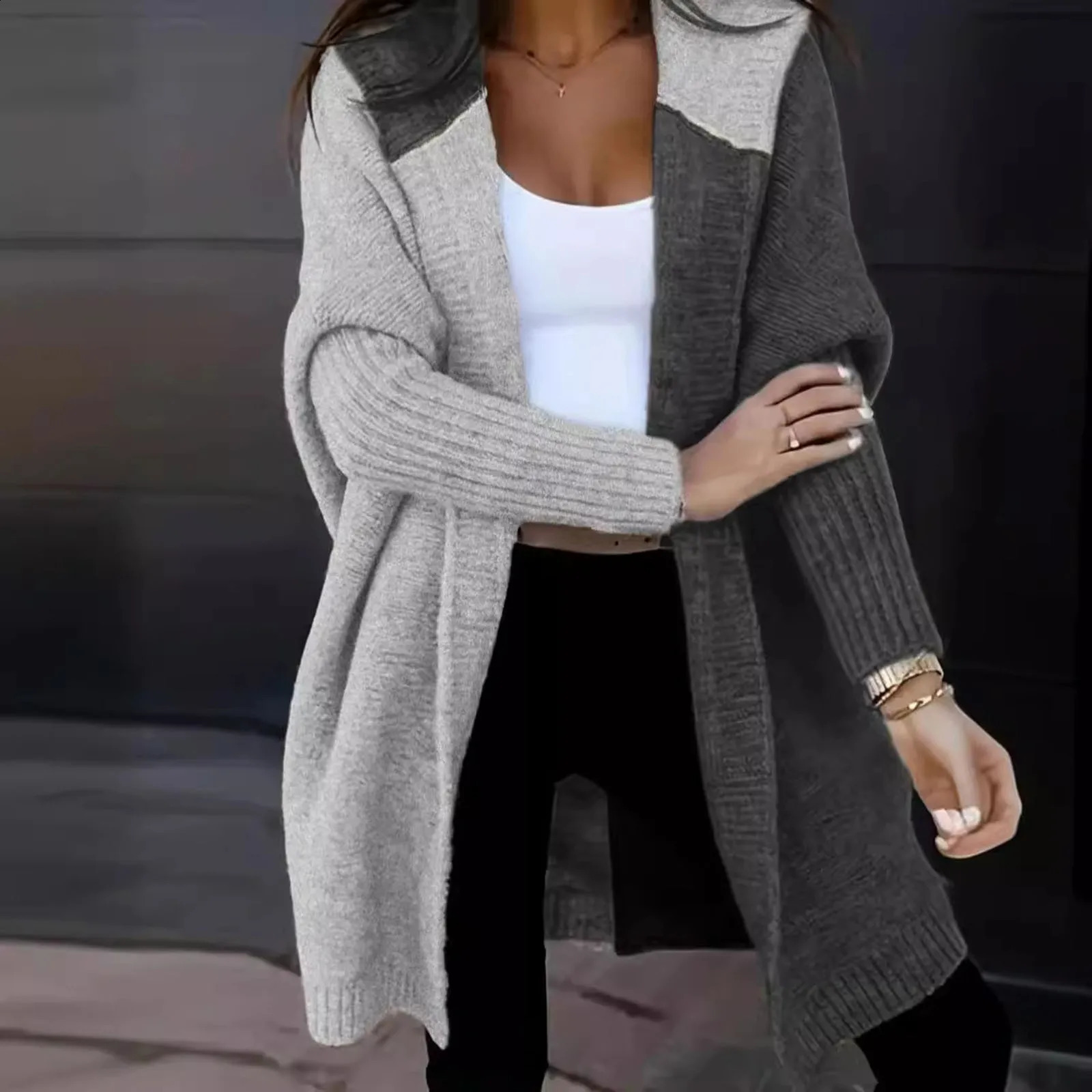 Womens loose knitted sweater jacket fashionable open style long sleeved hooded cardigan woolen colorful 240905