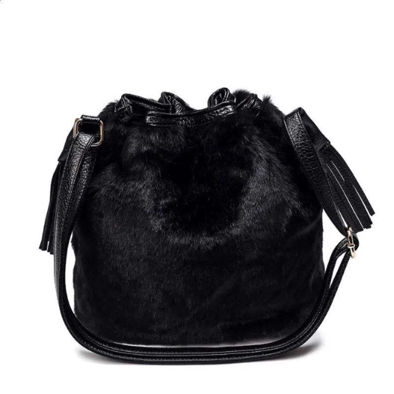 Womens winter fashion shoulder bag small fur faux bucket handle girls wallet cross body 240906