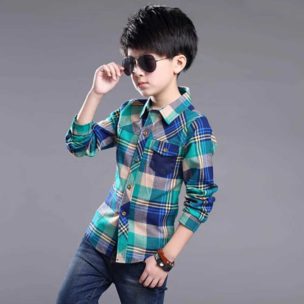 2023 Fashion Teenager Boys Shirt Kids Cotton Boys Plaid Shirts Long Sleeve England School Trend Children Clothes 9 10 12 14 15Y Y240906