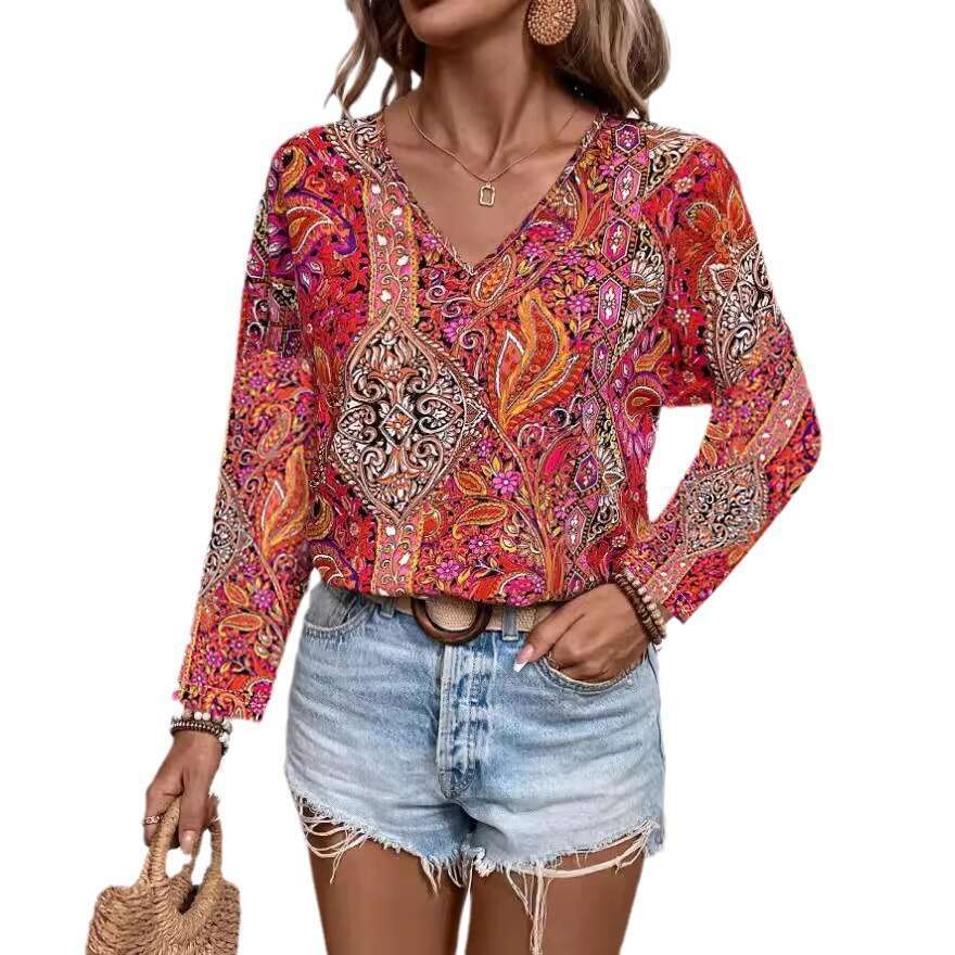 2024 New Hot selling Boho Paisley Printed V-neck Long sleeved Shirt Women's Wear