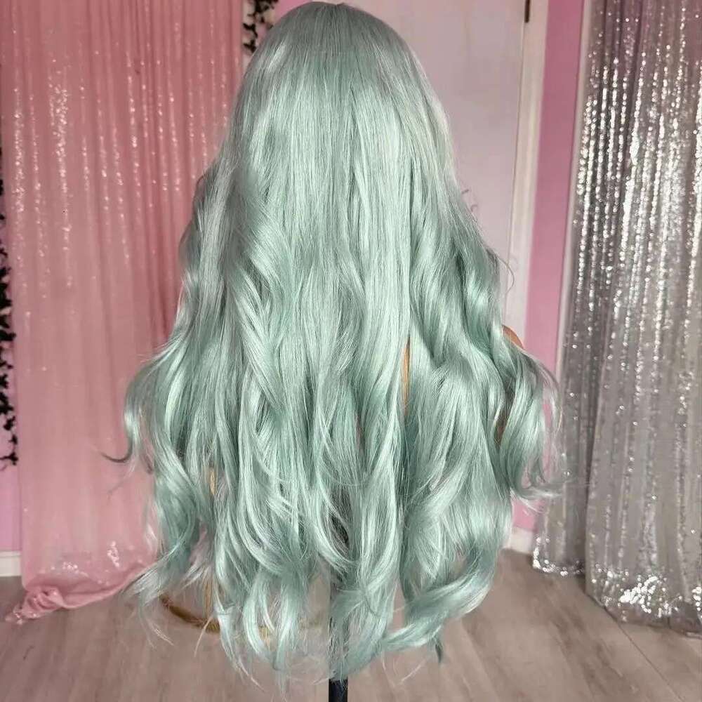 ZXBMALWIGS Synthetic Light Green Long Body Wave 26Inches Transparent Lace Front Wigs For Black Women Glueless Cosplay