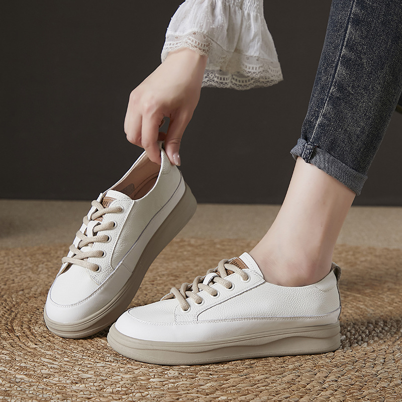 2024 four seasons new flat soft bottom fashion head layer cowhide hundred tie leisure board shoes small white shoes single shoes female