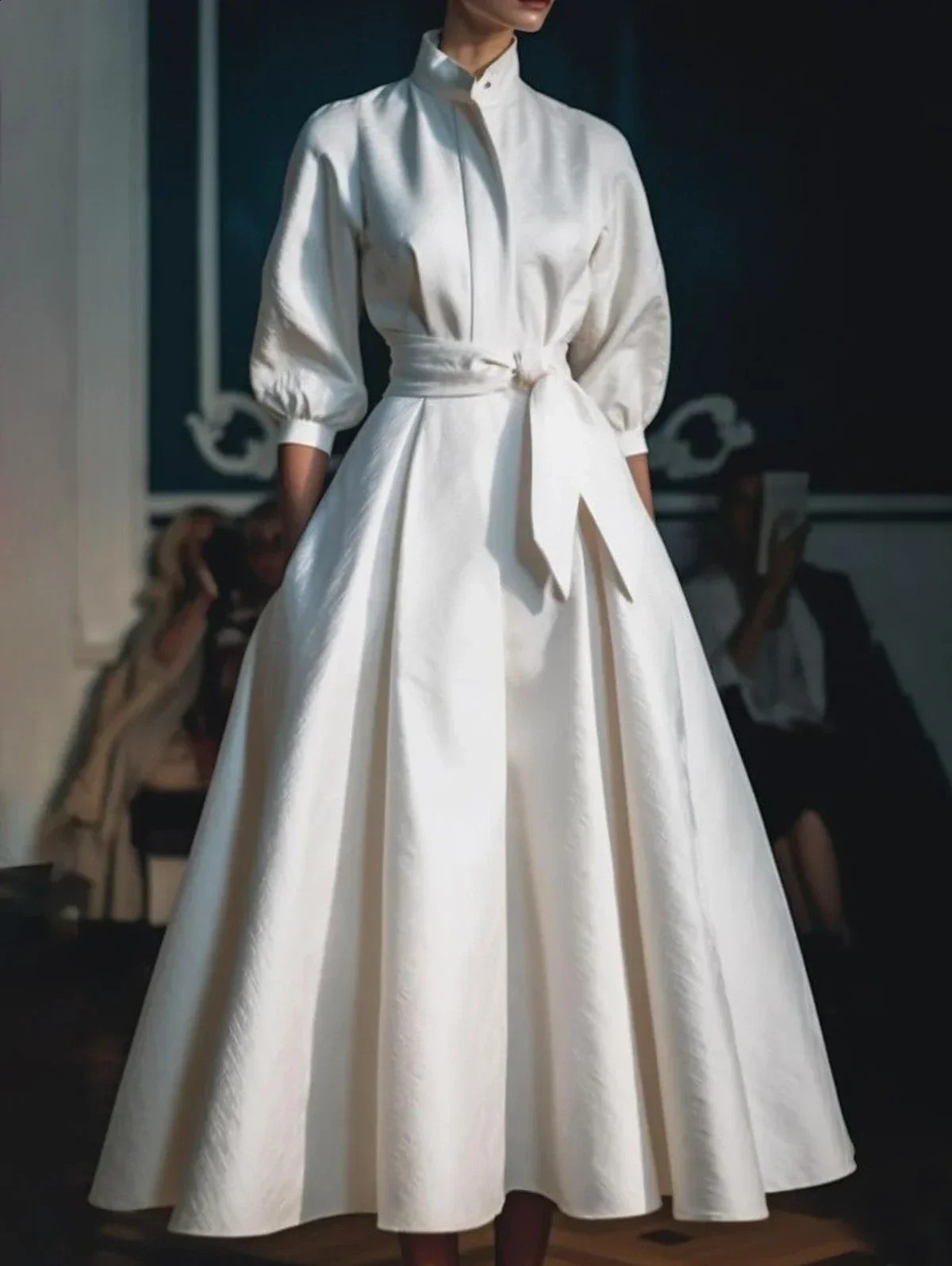 Womens elegant shirt dress long sleeved stand up collar white minimalist A-line pleated wedding guest dress Blet 240906