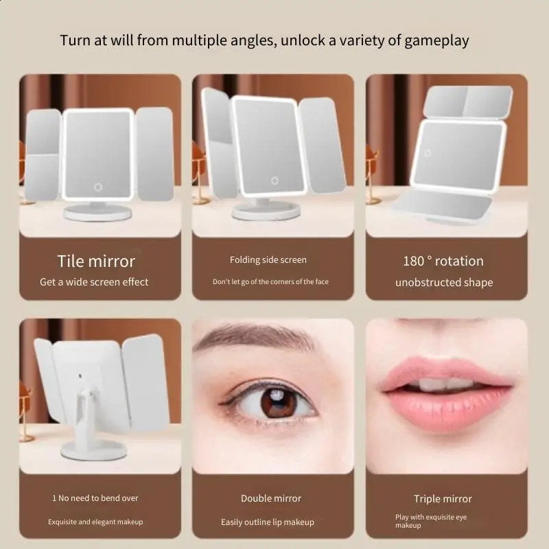 Trifold Makeup Mirror LED Lights Dorm Dressing Mirror Beauty Light up your fill light with Smart Complementary Makeup Mirror Tri 240905
