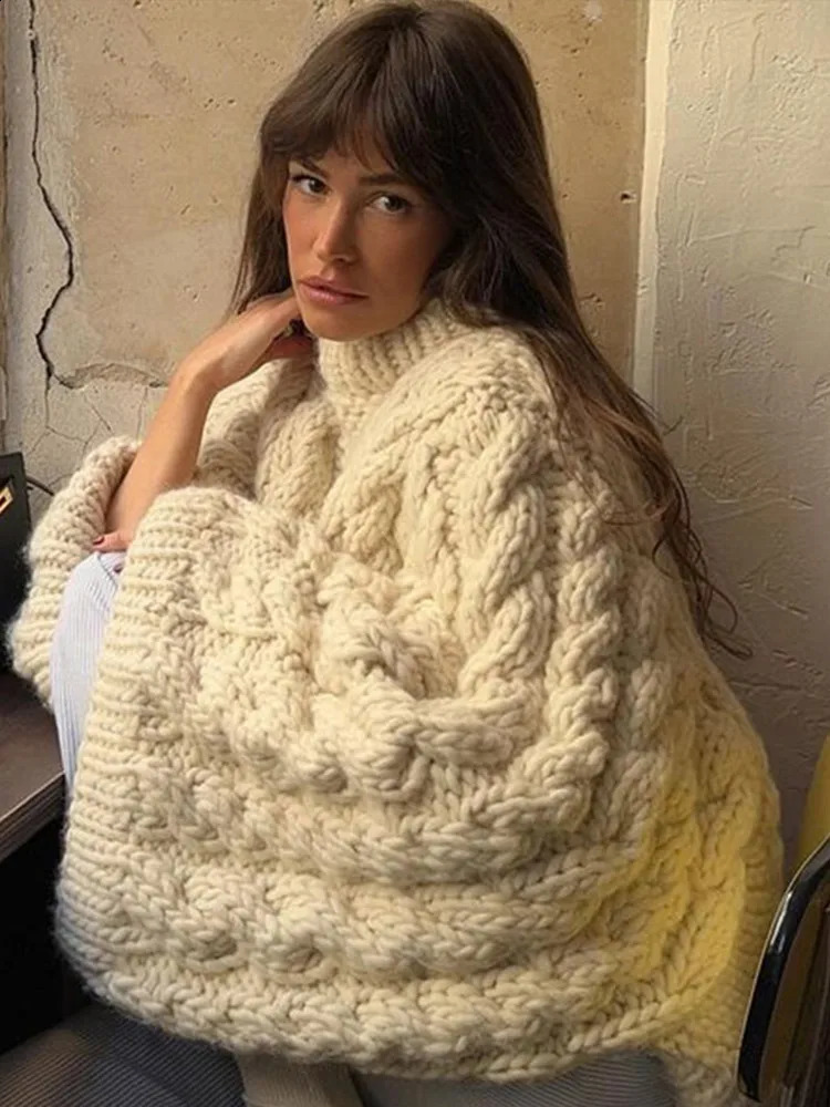 Oversized Knitted Floral Womens Casual Lazy Round Neck Twisted Solid Sweater Autumn Winter Loose Sleeve Women 240905