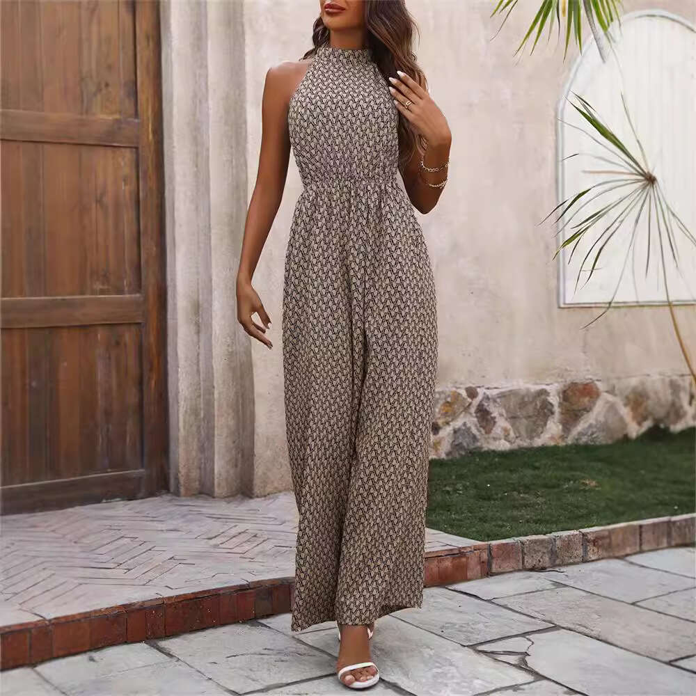 Women's elastic waistband high hanging neck sleeveless floral wide leg casual jumpsuit commuting pants for women