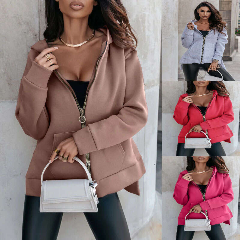 2024 Autumn/Winter New Women's Sports Pocket Zipper Loose Relaxed Hoodie Sweater